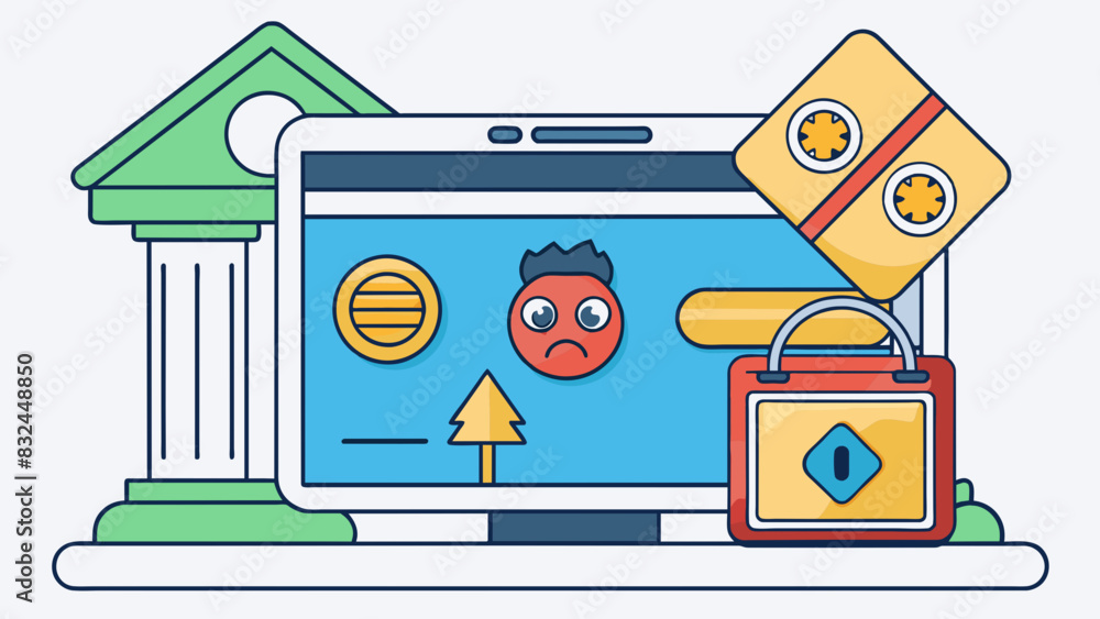 Poster Overdrawn bank account A negative balance displayed on a computer or mobile screen indicating financial debt and potential fees or penalties.. Cartoon Vector.