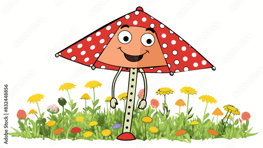 Poster Playful and Whimsical A colorful polkadot umbrella with a smiling face and a tassel fringe standing in a field of wildflowers.. Cartoon Vector.