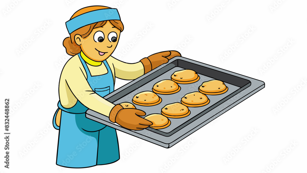 Poster removing a hot tray of freshly baked cookies from the oven using oven mitts to protect hands from th