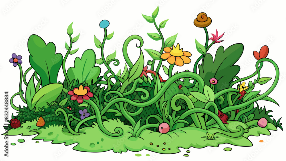 Aufkleber overgrown garden wild and tangled greenery covering up colorful blooms and crowding out other plants