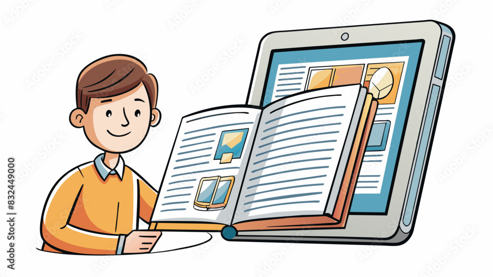 Poster Scrolling through an ereader or tablet swiping left and right to turn the digital pages. The bright screen illuminates the readers face as they. Cartoon Vector.