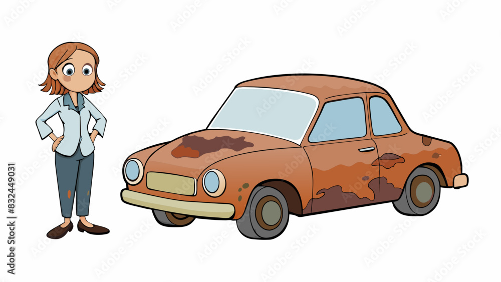Poster she sneered at his shabby car noting the rusty paint and dented bumper with disdain.. cartoon vector