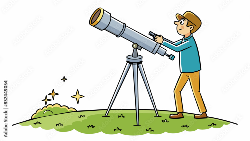 Poster shooting for the stars an amateur astronomer setting up his telescope on a hill trying to aim it tow