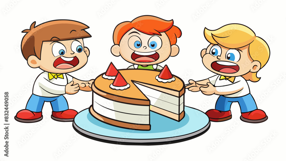 Poster Siblings quarreling over who gets the bigger slice of cake both examining the slices for any minuscule differences in size and shape.. Cartoon Vector.