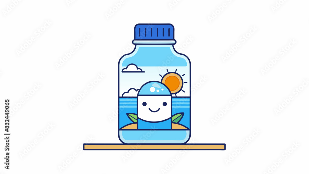 Poster sitting on a shelf is a bottle of gosh with a label depicting a peaceful beach scene. the oceanblue 