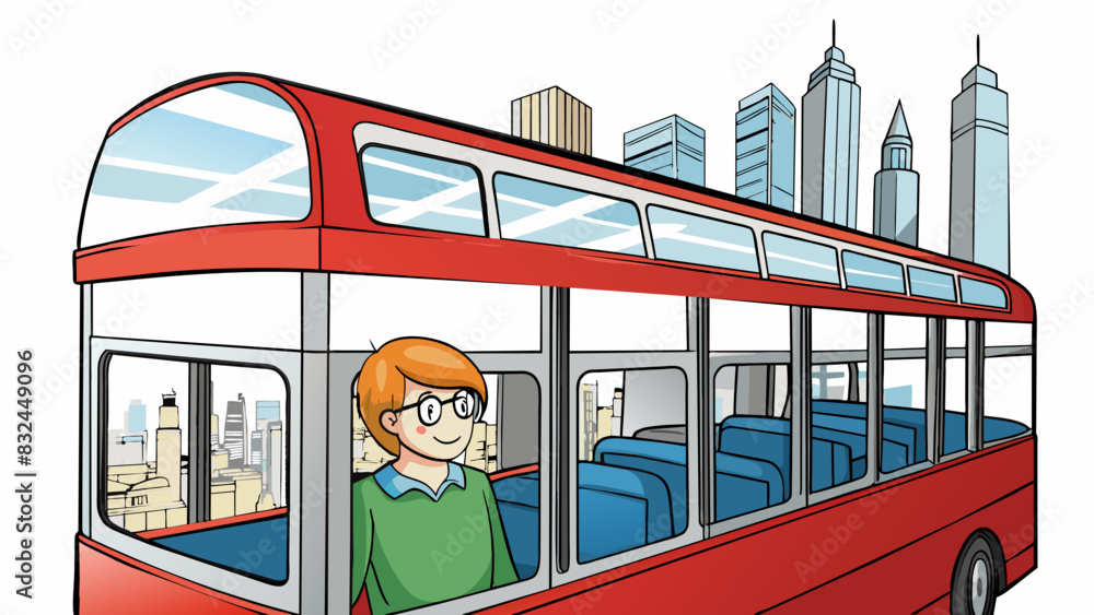 Poster sitting in an upper seat on a doubledecker bus you have a clear view of the surrounding cityscape. t