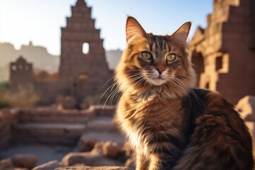 Fototapeta premium Portrait of a smiling somali cat isolated on backdrop of ancient ruins