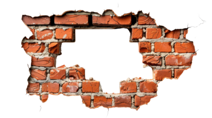 Hole breaking through a red brick wall