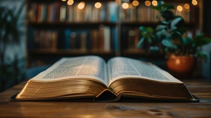 An open book rests on a wooden table.