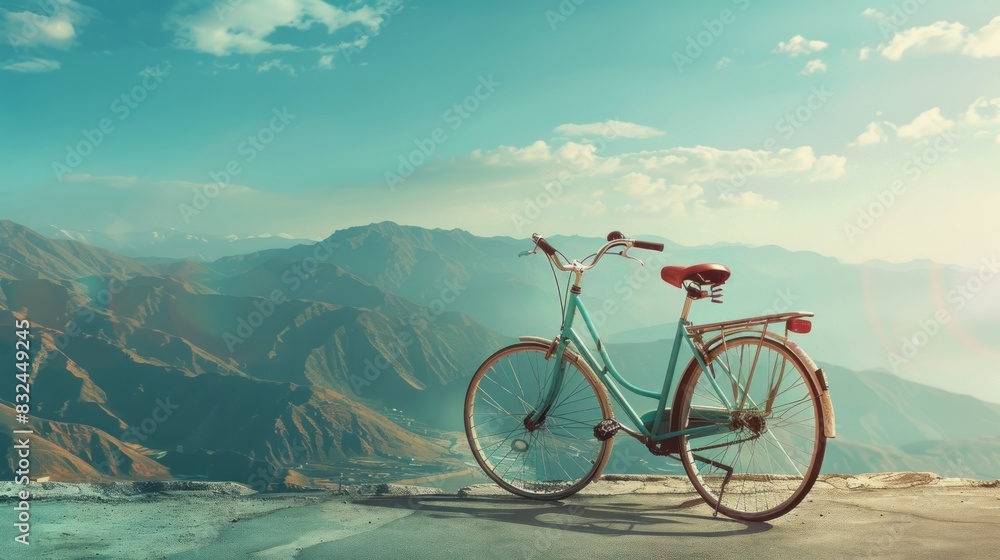 Sticker bicycle with mountain background. space area for text