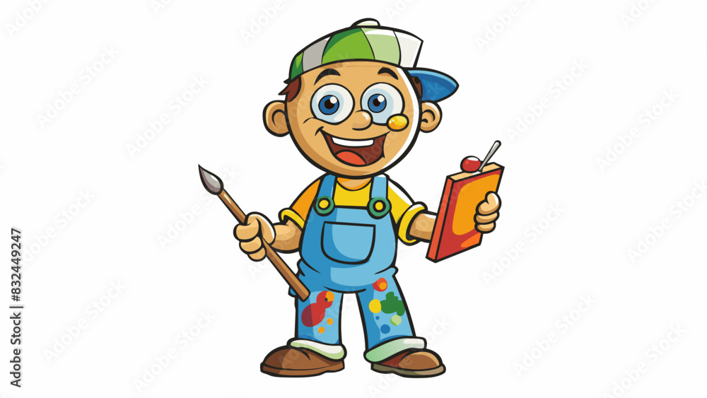 Poster the artist colorful paint smudges cover their worn overalls as they hold a brush with expert precisi