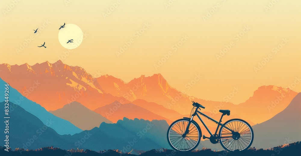 Sticker bicycle with mountain background. space area for text