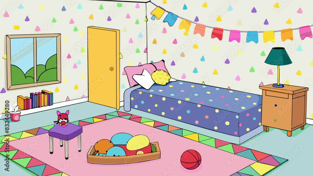 Poster the bedroom had a playful theme with brightly colored patterned wallpaper and string lights hanging 