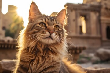 Fototapeta premium Portrait of a smiling somali cat in backdrop of ancient ruins