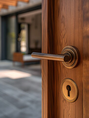 Vintage Brass Door Knob on a Wooden Door with Elegant Curtains