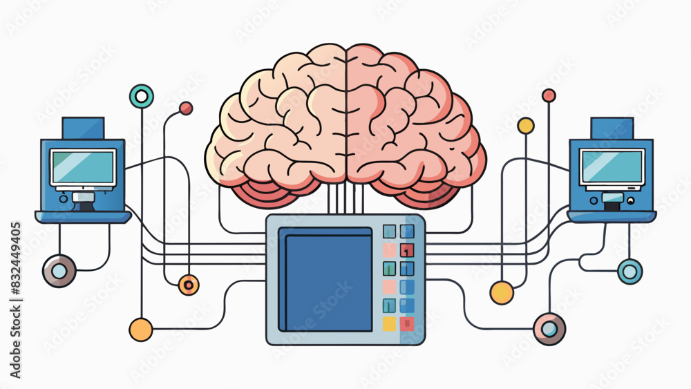 Fototapete The brain is like a large computer with various wires and circuits connecting different parts and allowing for rapid processing and communication.. Cartoon Vector.