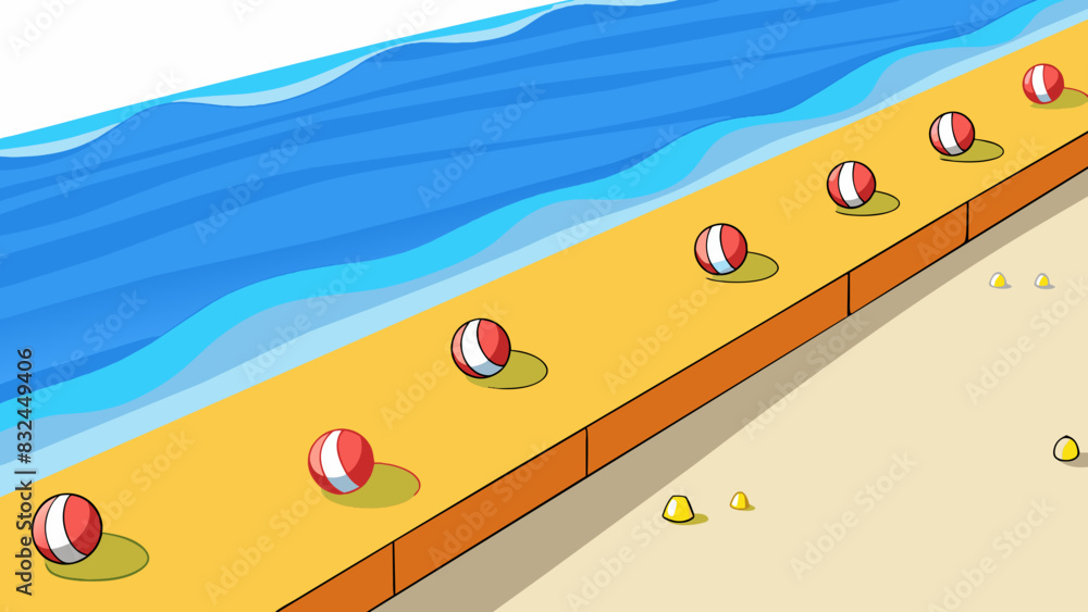 Poster The border between the ocean and the sandy beach is marked by rows of colorful buoys. Each one bobs up and down with the gentle waves their bright. Cartoon Vector.