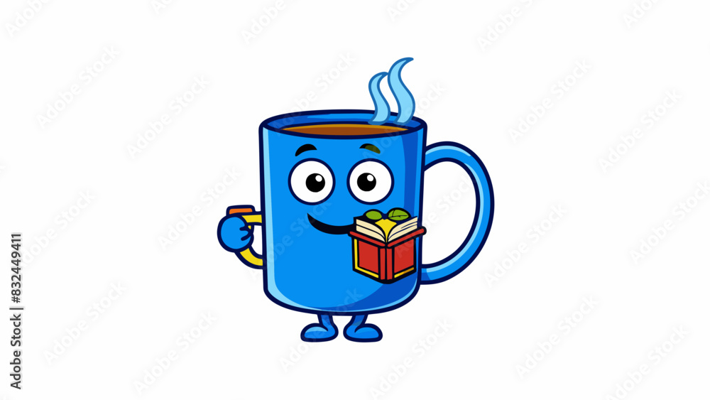 Poster the bright blue mug accompanies the bookworm on their reading adventures always filled with a steami