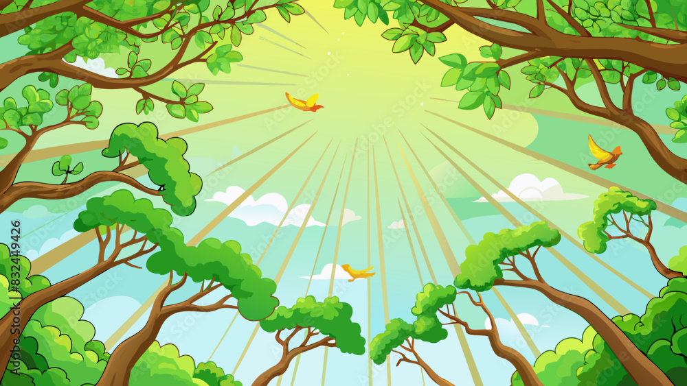 Poster The branches of the trees were quickly rep with lush green leaves. The suns warm rays danced through the gaps creating a whimsical pattern on the. Cartoon Vector.