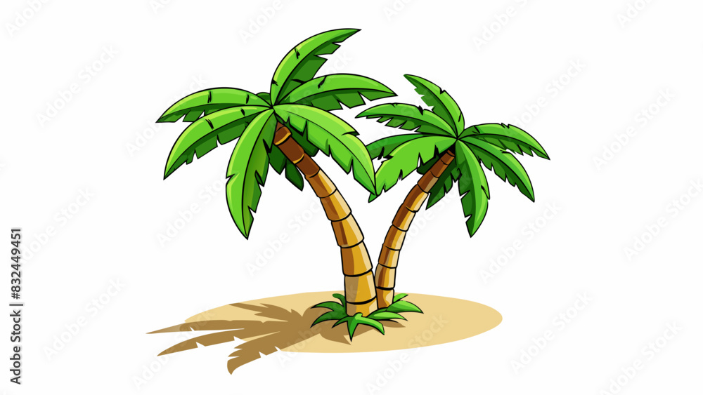 Aufkleber The broad leaves of the palm tree sway gently in the warm ocean breeze casting dappled shadows on the sandy beach below.. Cartoon Vector.