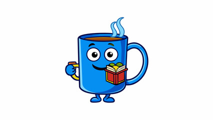 Naklejka premium The bright blue mug accompanies the bookworm on their reading adventures always filled with a steaming cup of tea. Its handle is comfortably curved to. Cartoon Vector.