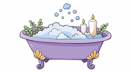 The bubble bath is filled with soft foamy bubbles and the warm water is scented with lavender and chamomile. The soft candlelight dances on the. Cartoon Vector.