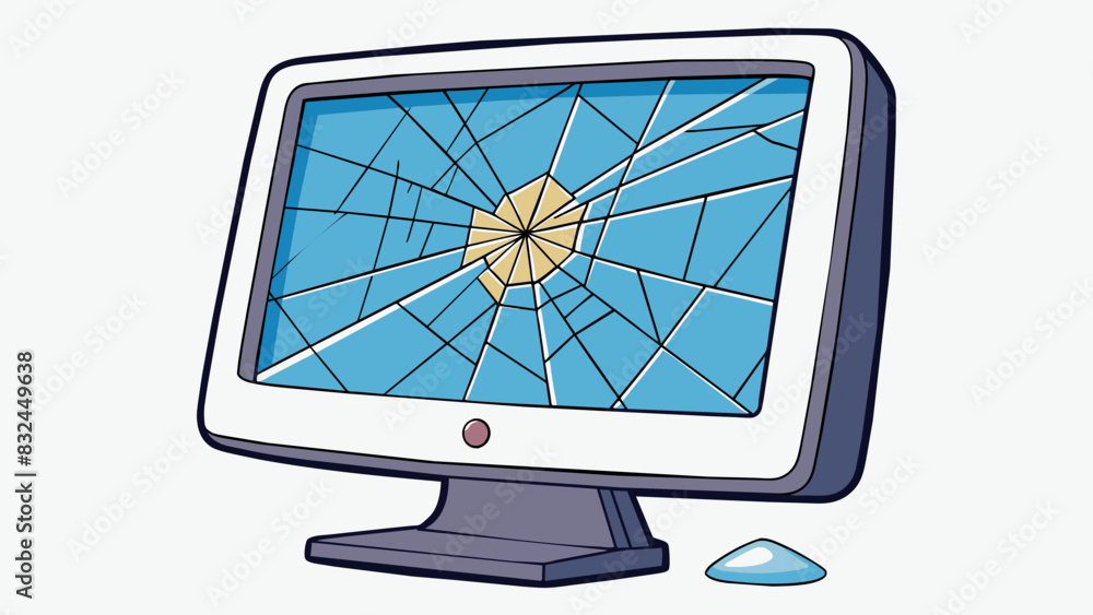 Poster The computer monitor was cracked and shattered its screen filled with lines of broken pixels. Its once smooth and sleek casing was now dented and. Cartoon Vector.