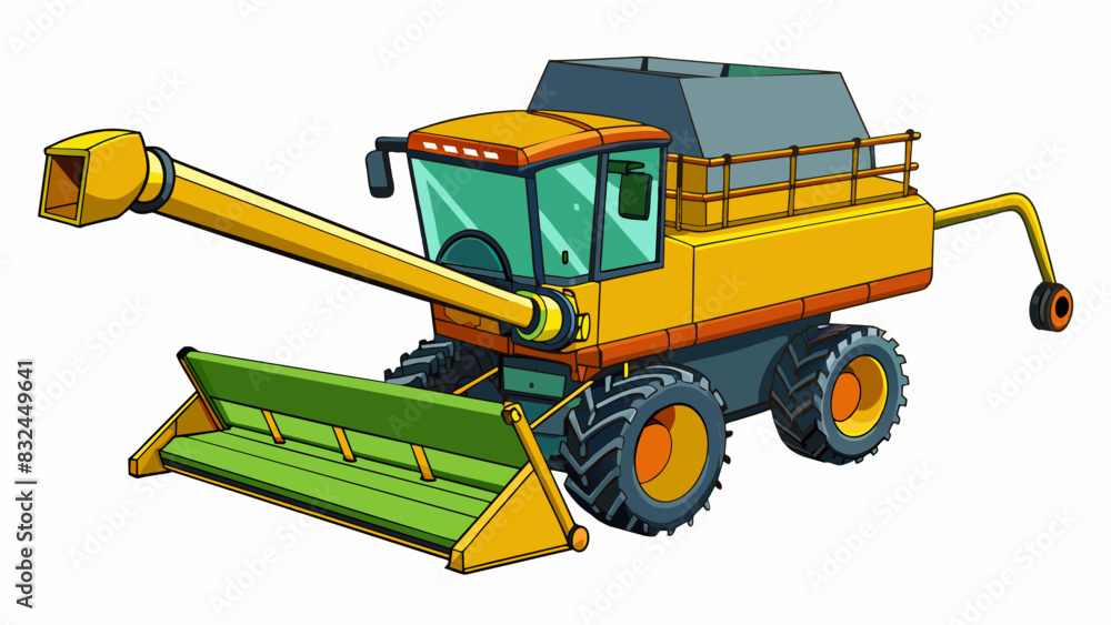 Poster The combine is a marvel of engineering with its various parts working in perfect coordination. Its long extendable arm reaches out to grab crops and. Cartoon Vector.