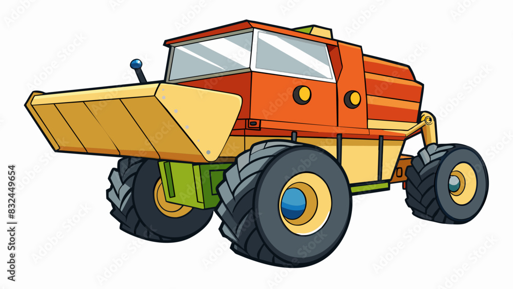 Poster The combine resembles a giant toy truck with its rugged frame and massive wheels. But instead of toys it transports crops from fields to storage. Cartoon Vector.