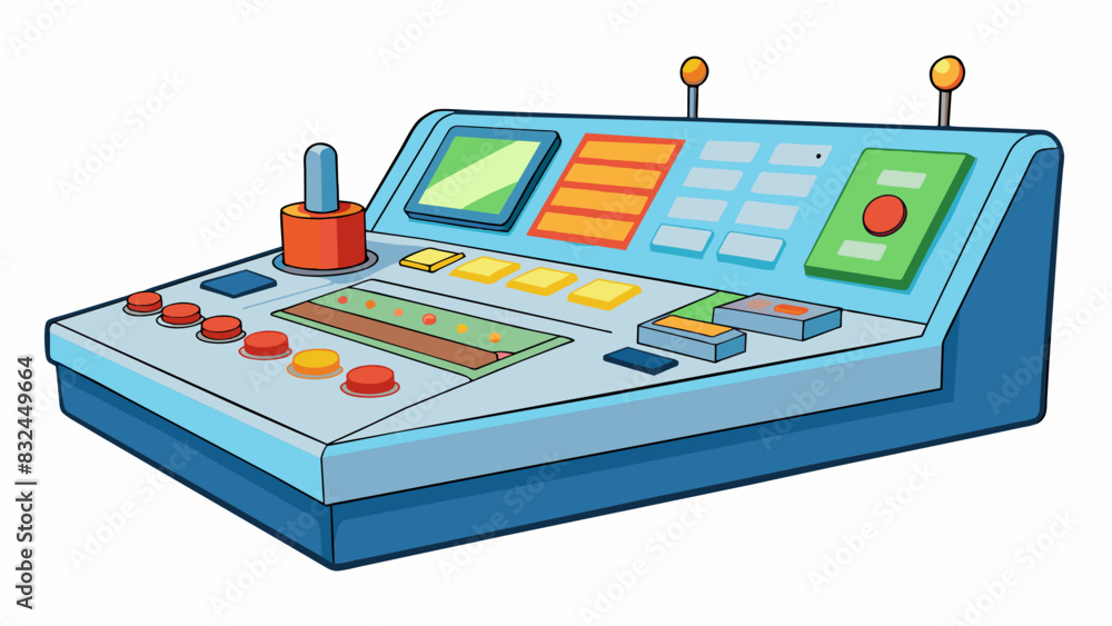 Fototapete The control panel of a large machine with various buttons switches and levers. This is a representation of administration in a manufacturing setting. Cartoon Vector.