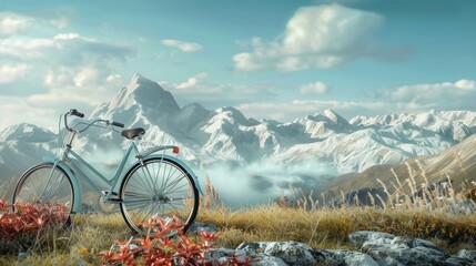 bicycle with mountain background. space area for text