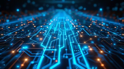 Hightech circuit lines, blue glow, dark backdrop, 3D rendering, modern technology aesthetic