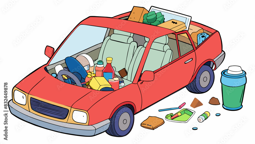 Poster the drivers car was filled with trash and clutter with snacks and drinks tered all over the seats. t