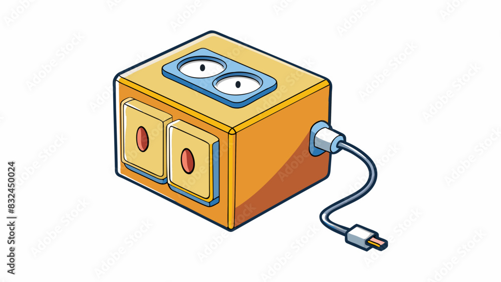 Aufkleber The final illustration depicts a squareshaped box with multiple outlets on its surface. This object acts as a power source allowing various electronic. Cartoon Vector.