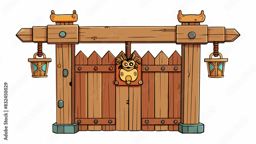Poster The first gate is made of wooden posts connected with a horizontal wooden beam. The posts have intricate carvings of animals and the beam has a rusty. Cartoon Vector.