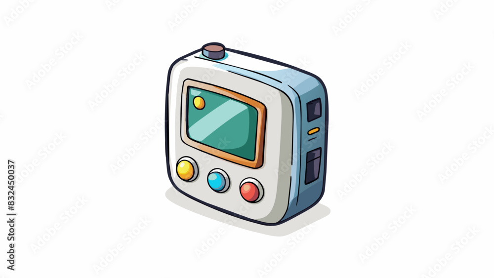 Aufkleber The first object is a small rectangular device that fits easily in the palm of your hand. It is made of smooth shiny metal with a black button on one. Cartoon Vector.