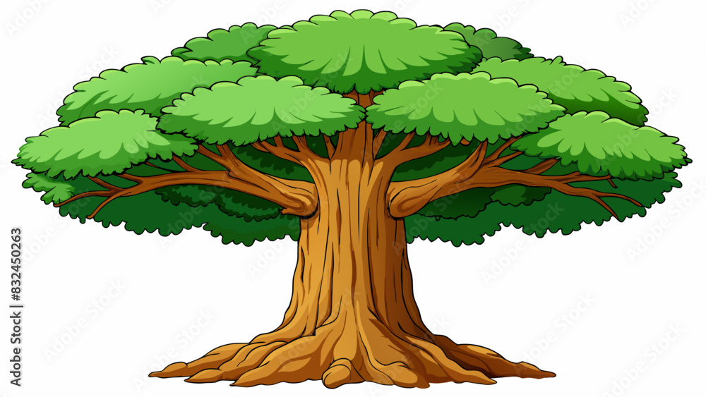 Poster The grandest tree in the forest with a mighty trunk that spans many feet and branches that stretch wide providing shelter and shade to countless. Cartoon Vector.
