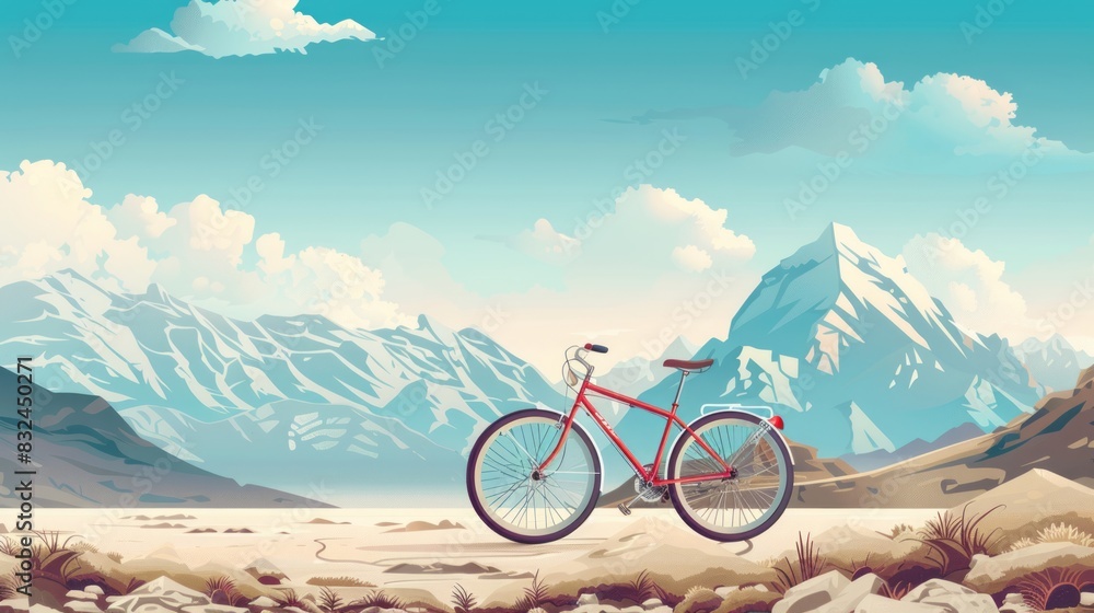 Sticker bicycle with mountain background. space area for text