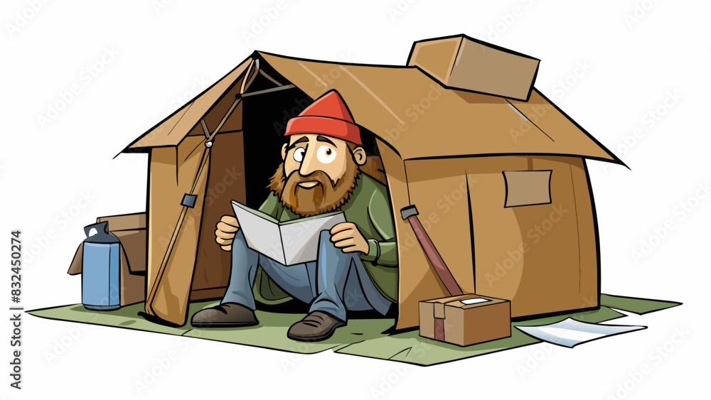Poster the homeless man used cardboard boxes to occupy the corner of the abandoned building creating a make