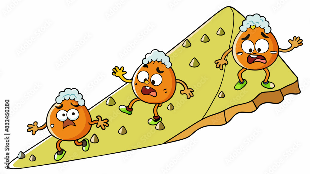 Poster The hikers tired footsteps gradually slowed to a conclude as they reached the top of the mountain their faces flushed and covered in sweat.. Cartoon Vector.