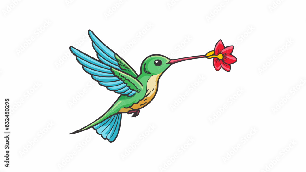 Poster The hummingbirds wings flapped rapidly allowing it to hover in midair as it sipped nectar from the flower.. Cartoon Vector.