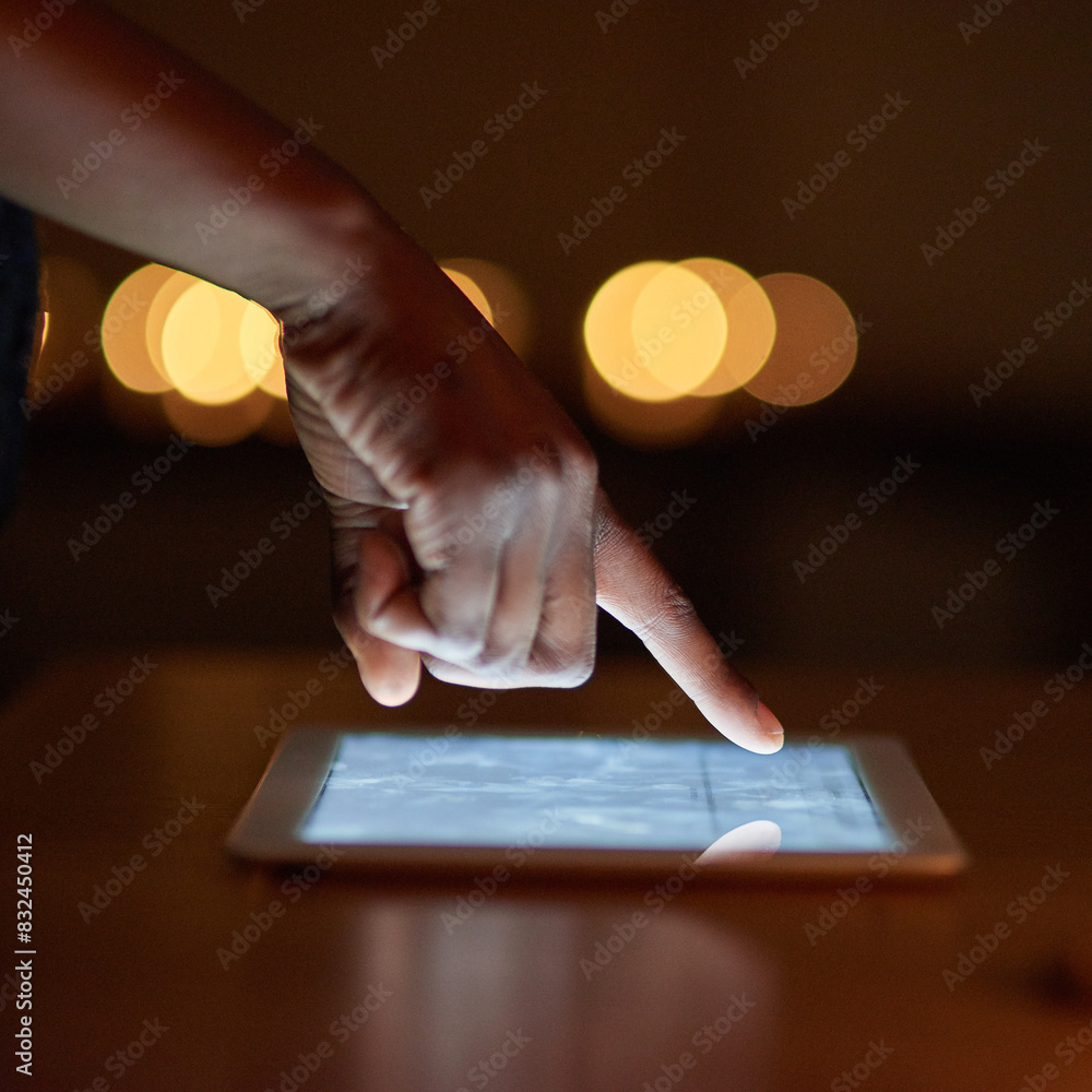 Poster Person, hand and tablet for smart home system, automation and connection of future house setup with bokeh. Finger, touch screen and display interface for technology security and protection at night