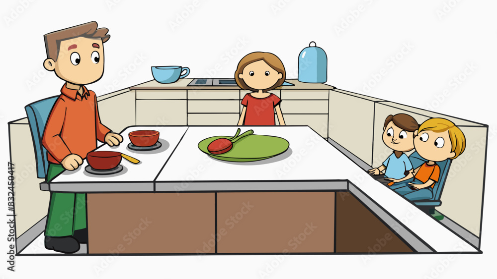 Poster The kitchen countertop expanded to twice its normal size with the help of the extendable leaf creating enough space to comfortably seat a large family. Cartoon Vector.
