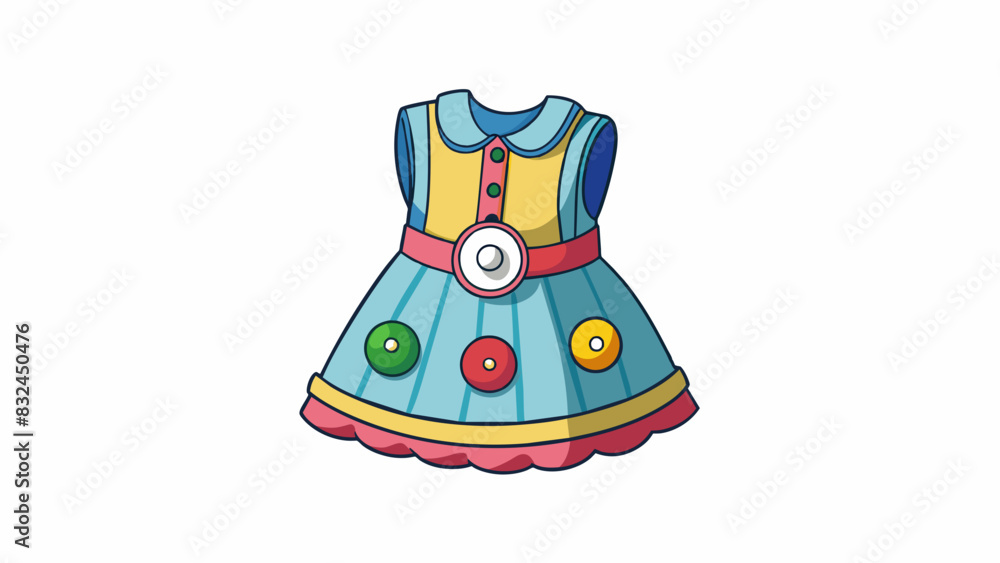 Poster the little girls dress had a e playful gee on the front made of colorful buttons and ribbons adding 