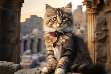 Obraz premium Portrait of a cute american curl cat on backdrop of ancient ruins