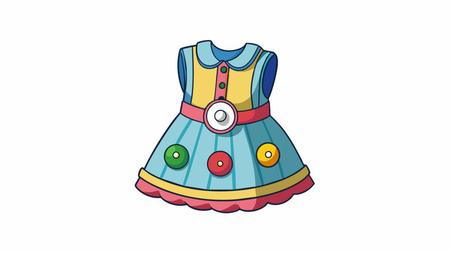 The little girls dress had a e playful gee on the front made of colorful buttons and ribbons adding a charming touch to the garment.. Cartoon Vector.