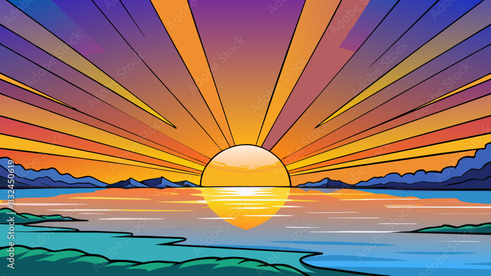 Poster the most stunning sunset with a vibrant display of colors that streak across the sky and reflect off
