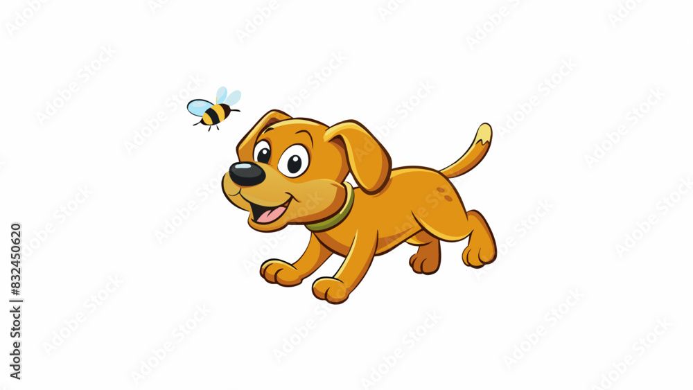 Poster the naive puppy excitedly chased after a bee unaware of the potential danger.. cartoon vector.