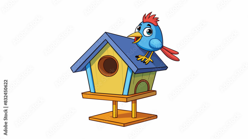Poster the naive bird landed on a painted birdhouse mistaking it for a real one.. cartoon vector.