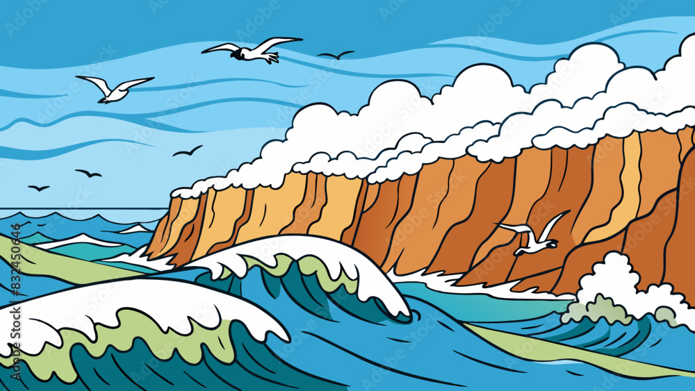 Poster the ocean waves crash against the rocky coastline sending sprays of salty water into the air. seagul